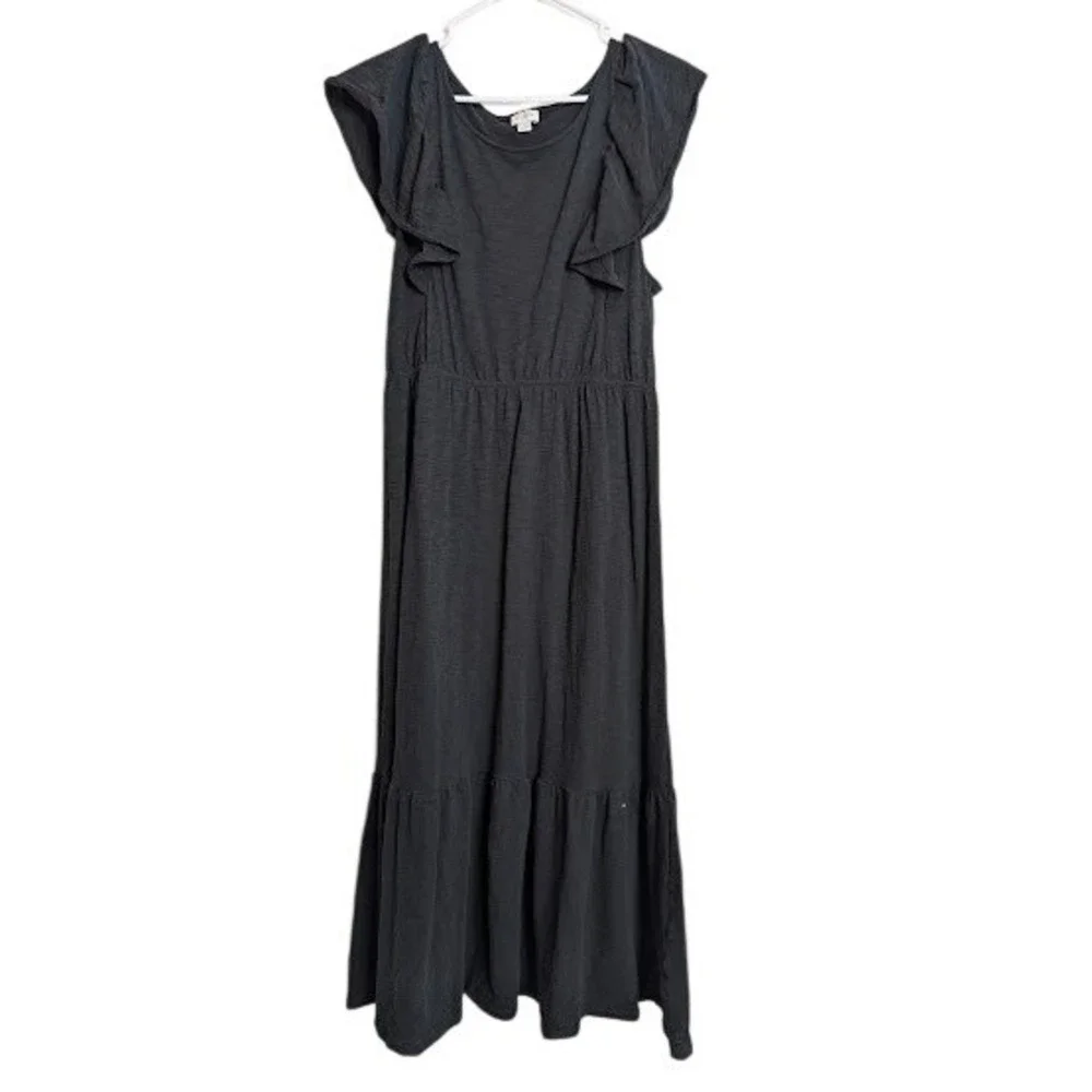 J Crew Womens XL Black Flutter Sleeve Tiered Midi Dress Boho Classic 100% Cotton - Picture 1 of 6